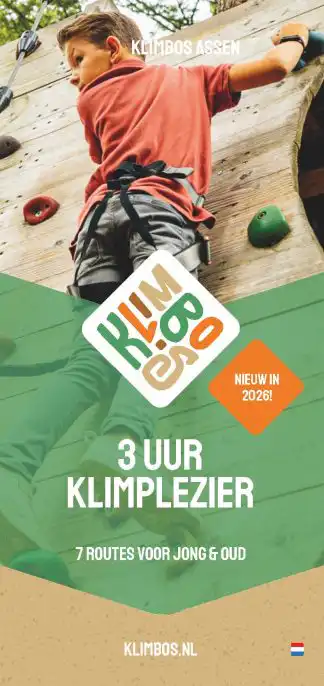 Klimbos Assen ligt prachtig aan de Baggelhuizerplas: 7 uitdagende routes, tokkelbaan, hoge netten en adrenaline voor iedereen!