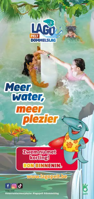 Ontdek Lago Pelt Dommelslag: sportbad, recreatiebad, wildwaterbaan, golfslagbad, bandenglijbaan, buitenbad en ontspannende warme lagune met bubbels!