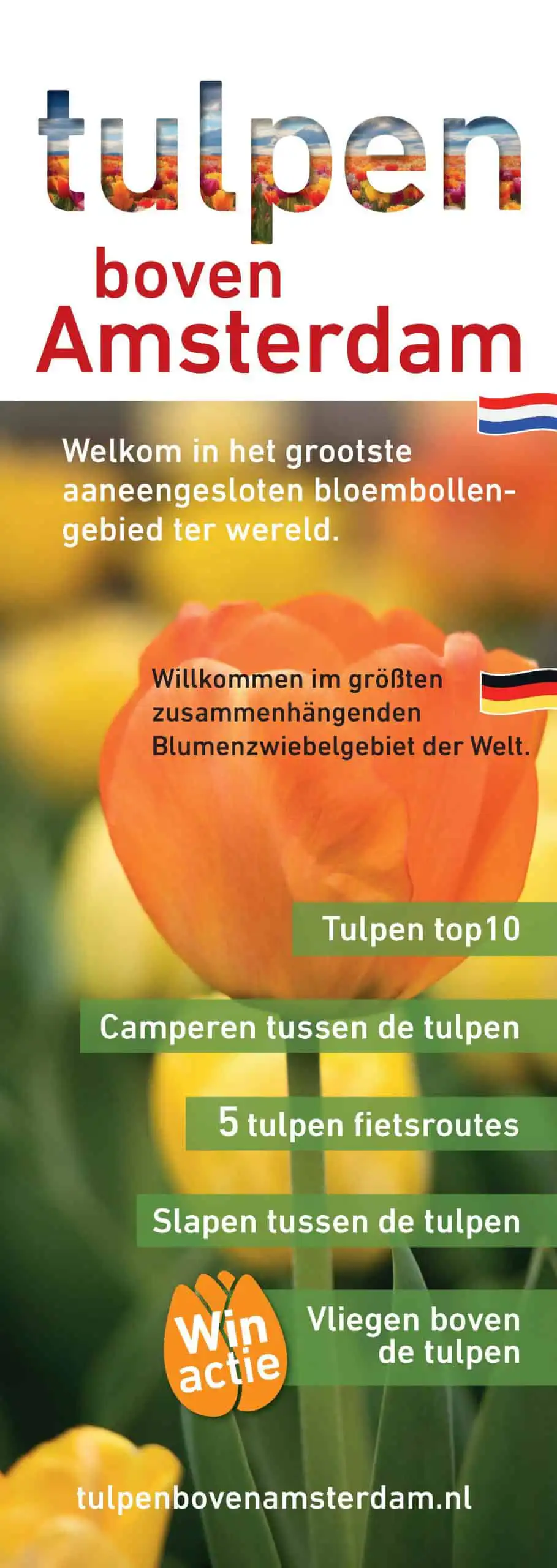 Ervaar de adembenemende kleuren met onze Tulpen boven Amsterdam! Geniet van de prachtige bloemenzee van maart tot mei. Bezoek ons nu!